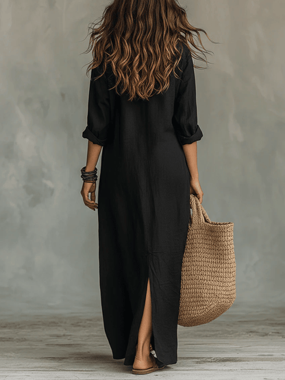 Stylub Soline™ | Losvallende Zwarte Maxi Jurk met Knopen
