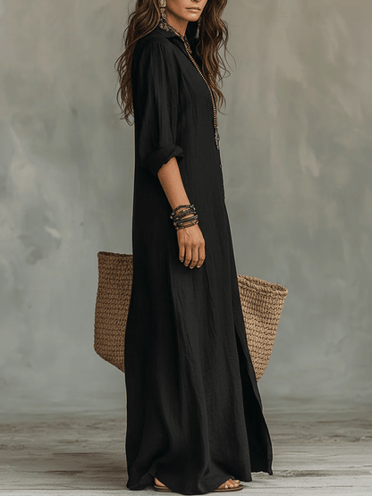 Stylub Soline™ | Losvallende Zwarte Maxi Jurk met Knopen