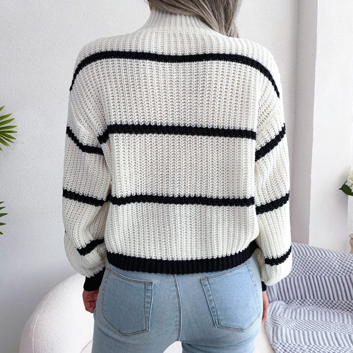 stylub Striped Mock Neck Dropped Shoulder Sweater