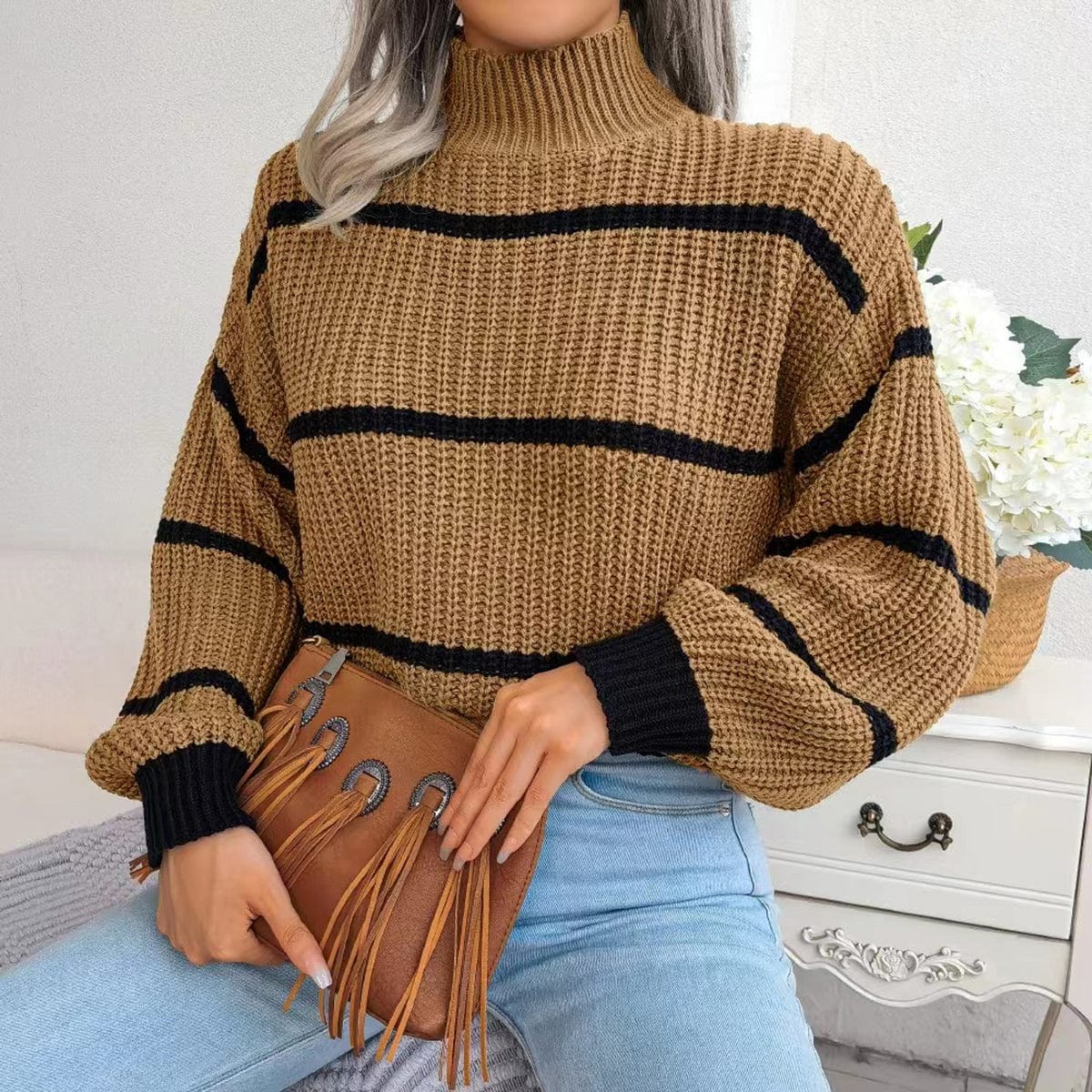 stylub Striped Mock Neck Dropped Shoulder Sweater
