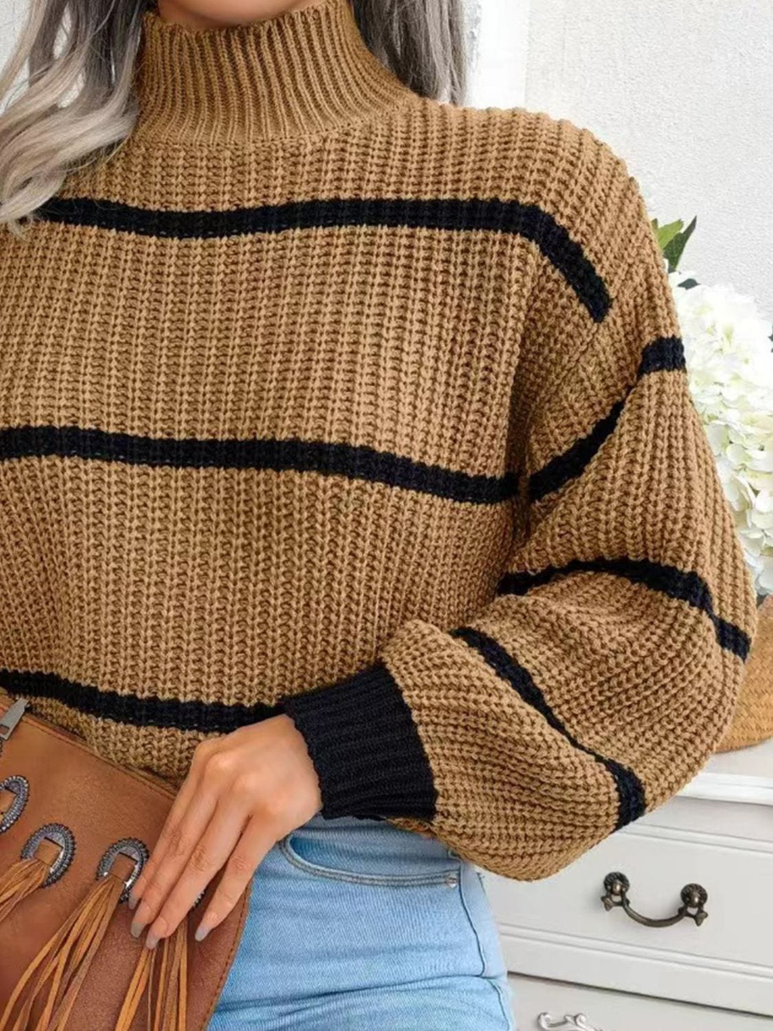 stylub Striped Mock Neck Dropped Shoulder Sweater