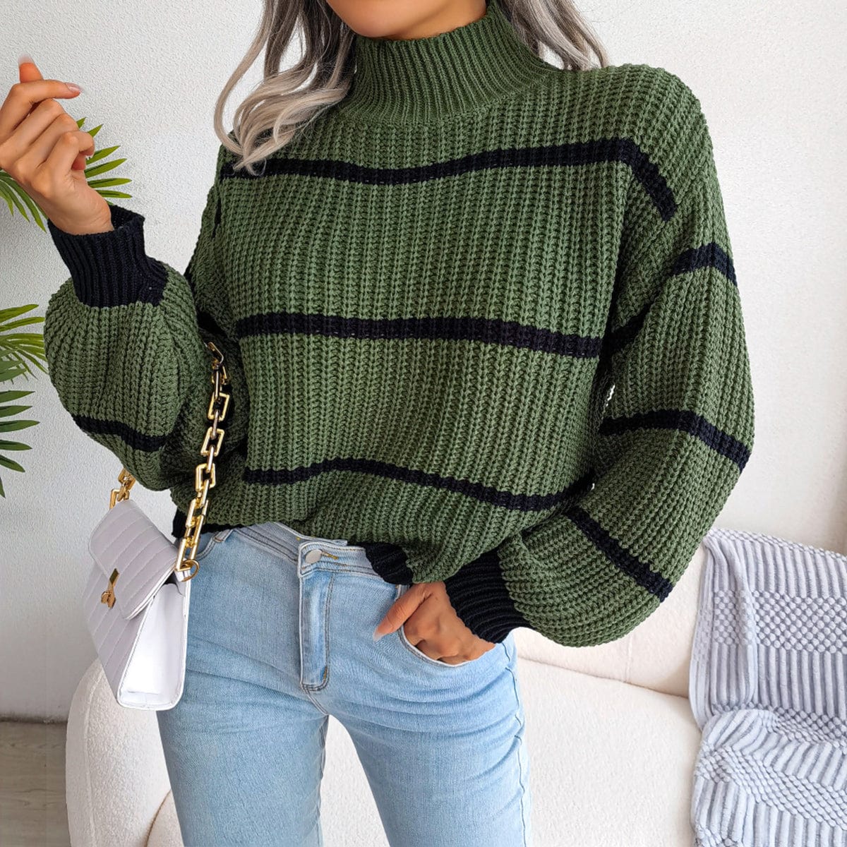 stylub Striped Mock Neck Dropped Shoulder Sweater