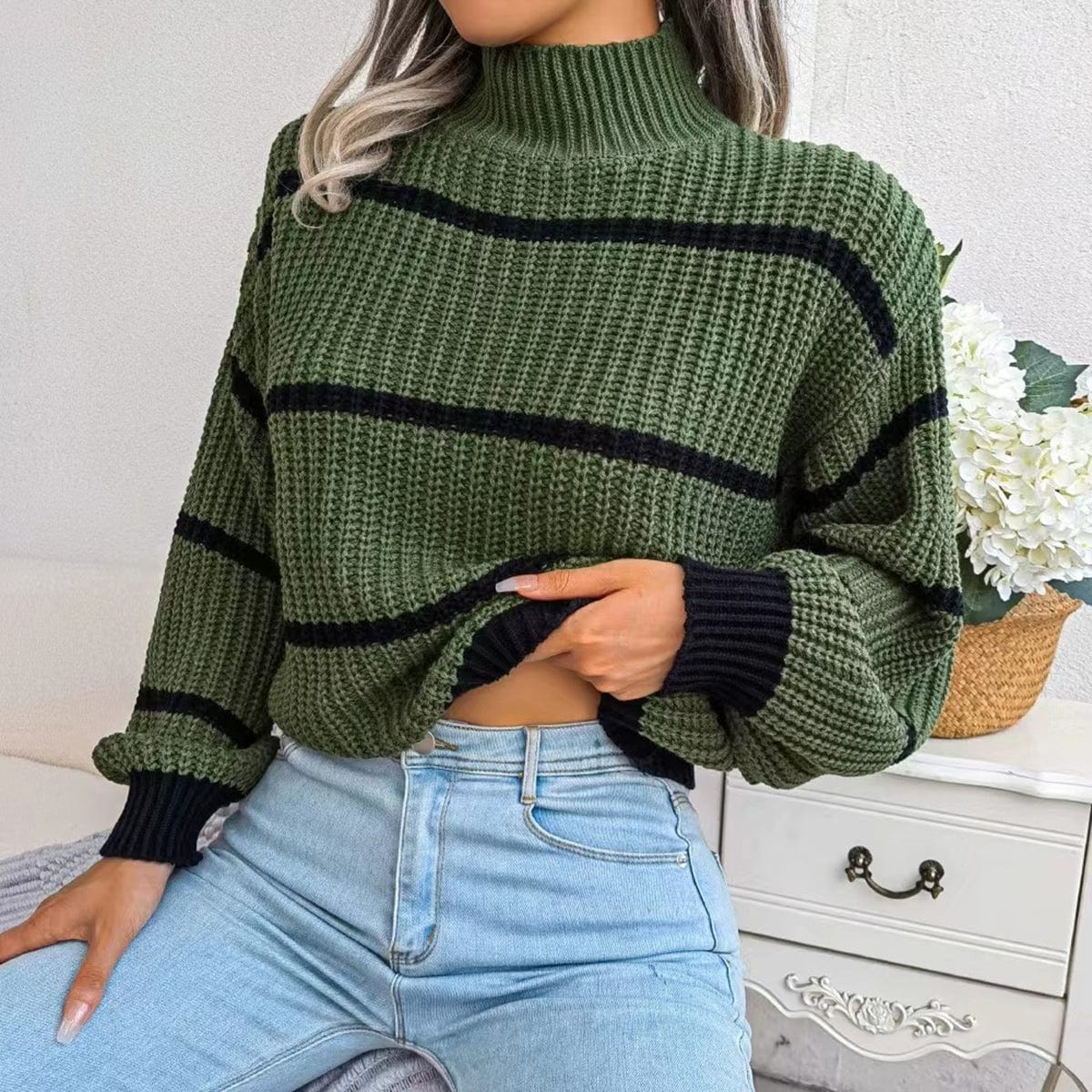 stylub Striped Mock Neck Dropped Shoulder Sweater