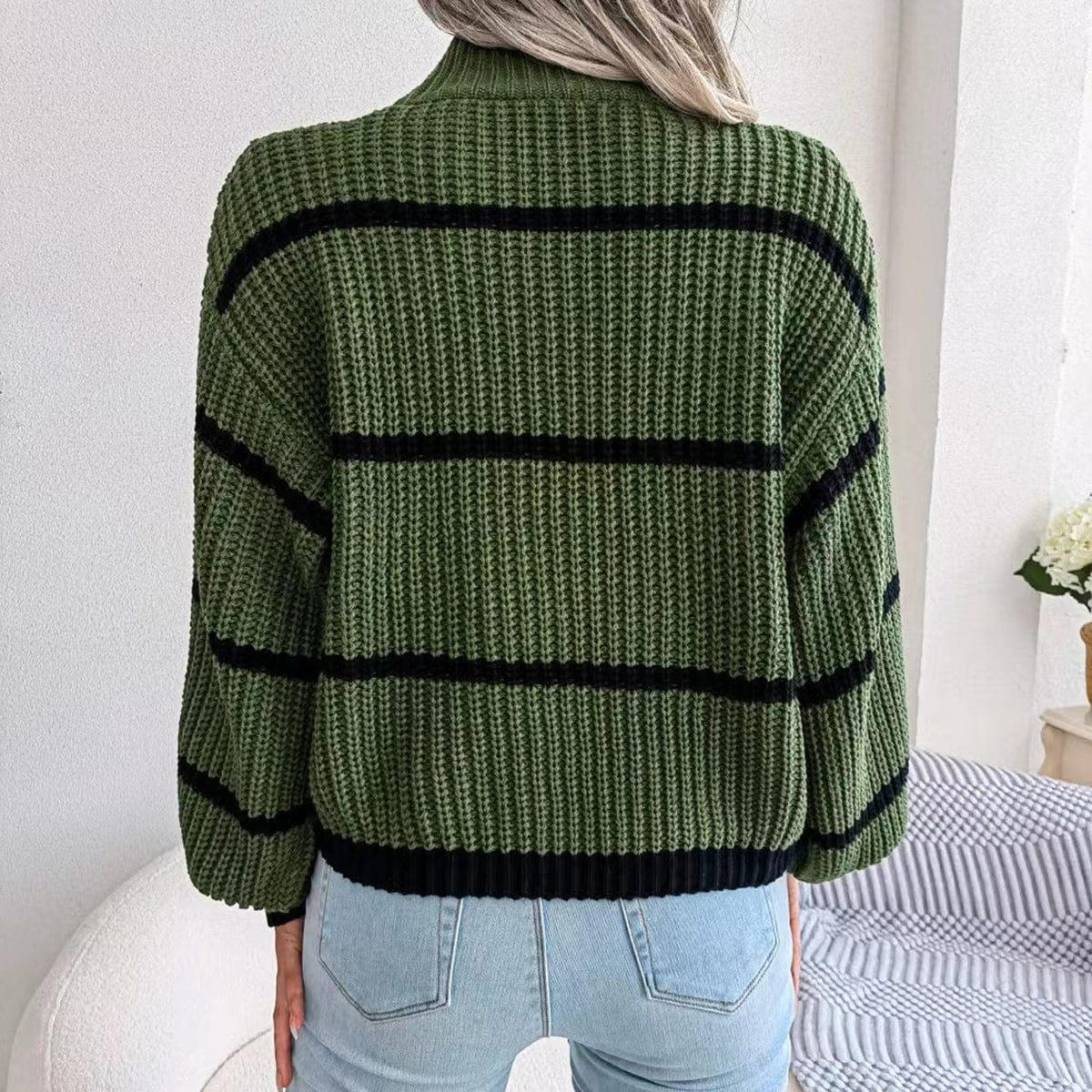 stylub Striped Mock Neck Dropped Shoulder Sweater