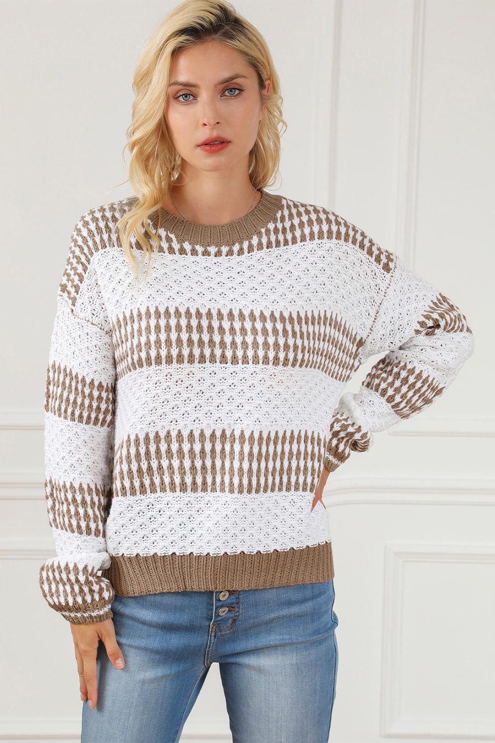 stylub Striped Round Neck Long Sleeve Knit Top