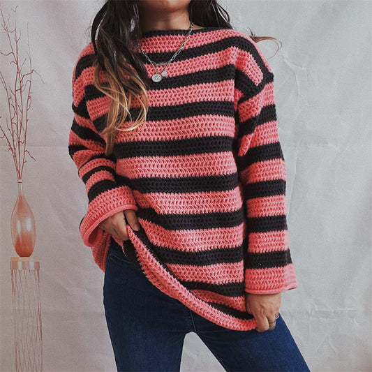 stylub Striped Round Neck Long Sleeve Sweater