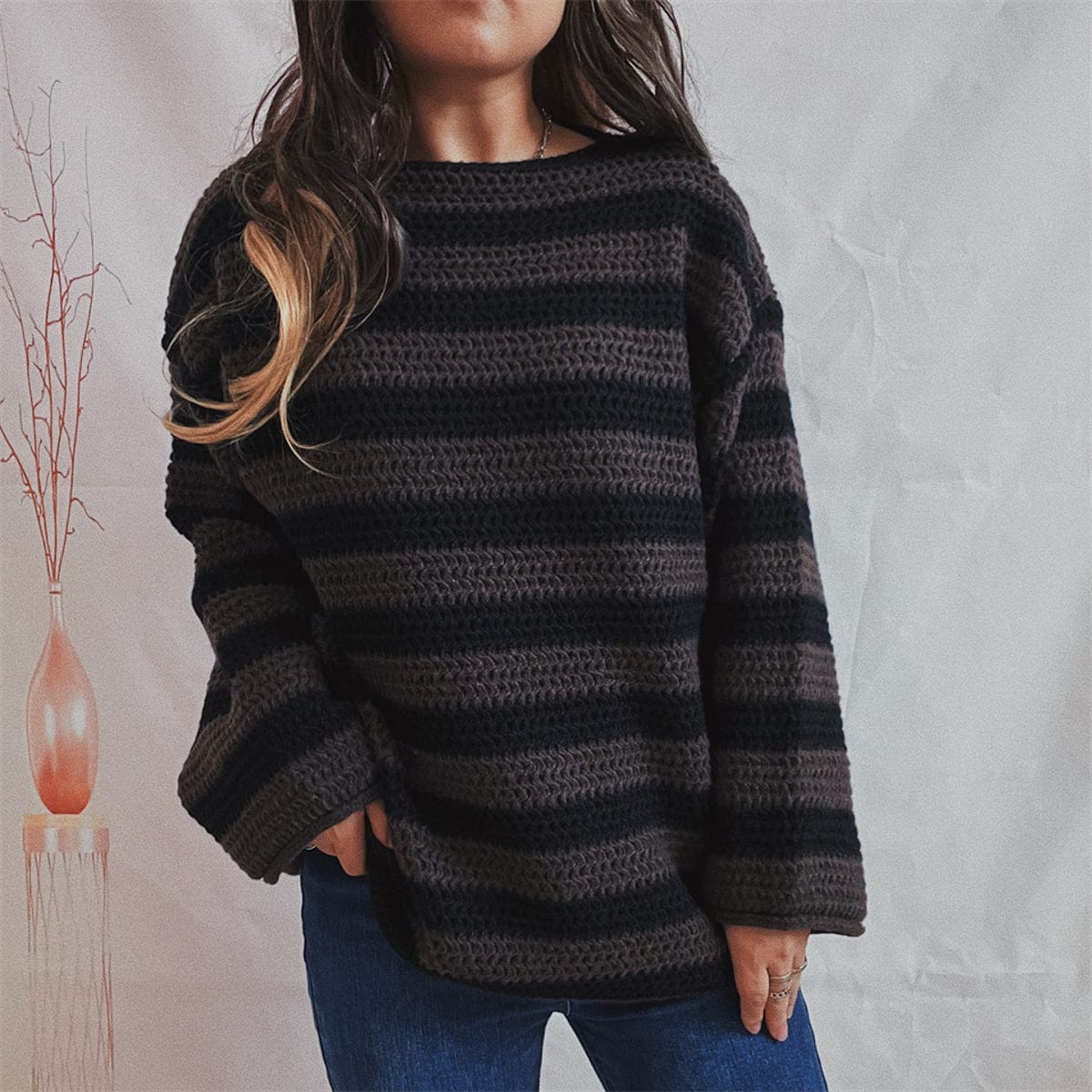 stylub Striped Round Neck Long Sleeve Sweater