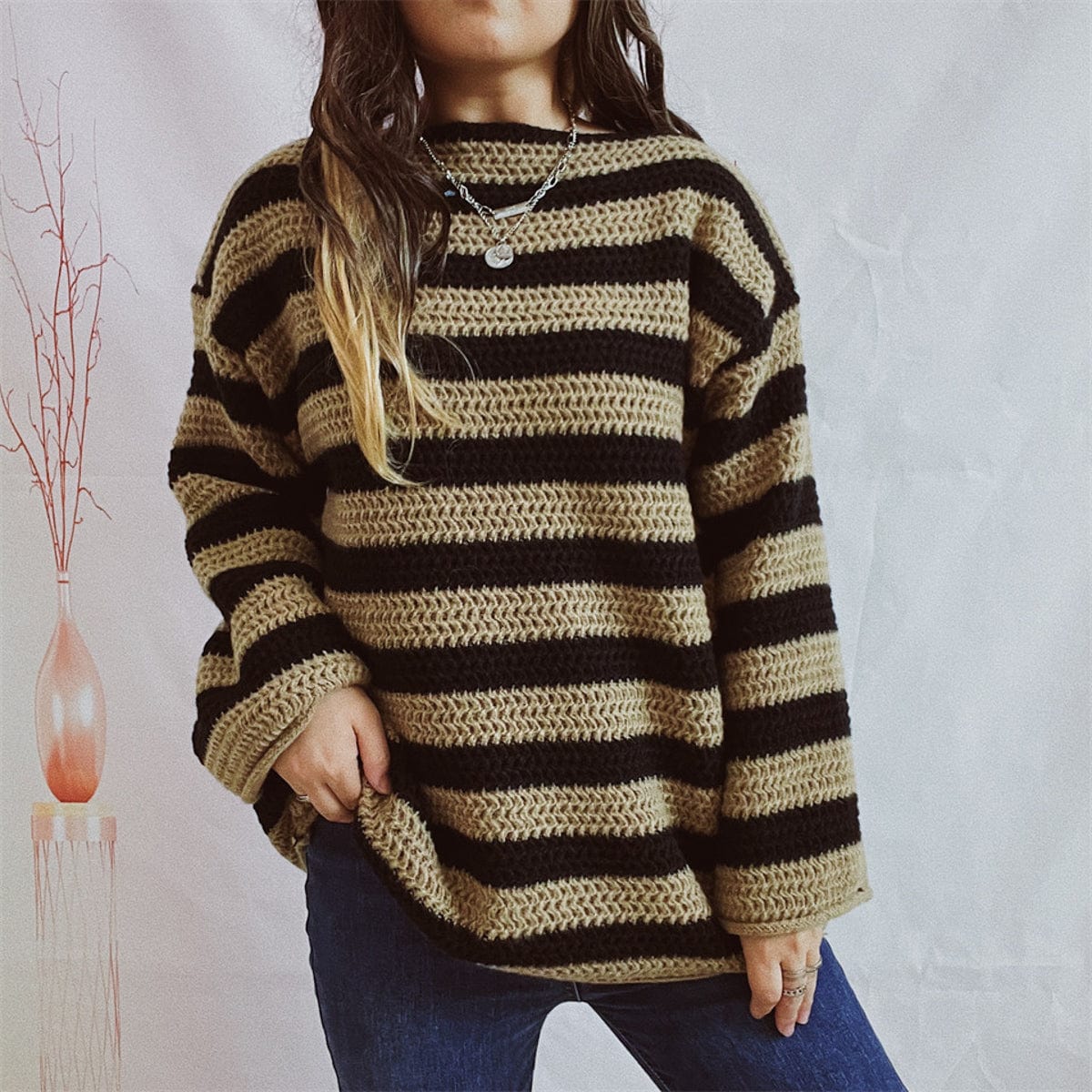 stylub Striped Round Neck Long Sleeve Sweater
