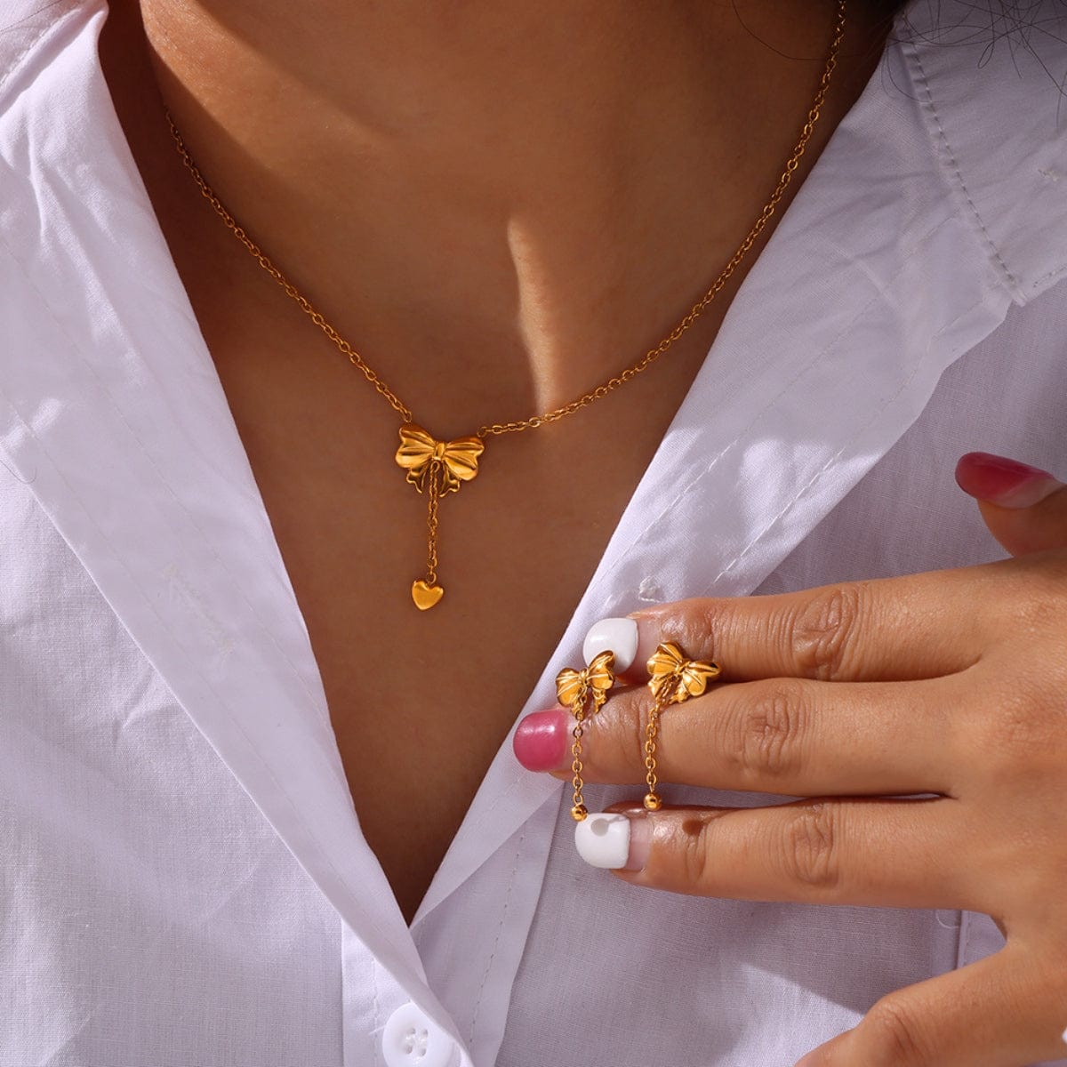 stylub Titanium Steel Gold-Plated Bow Pendant Necklace