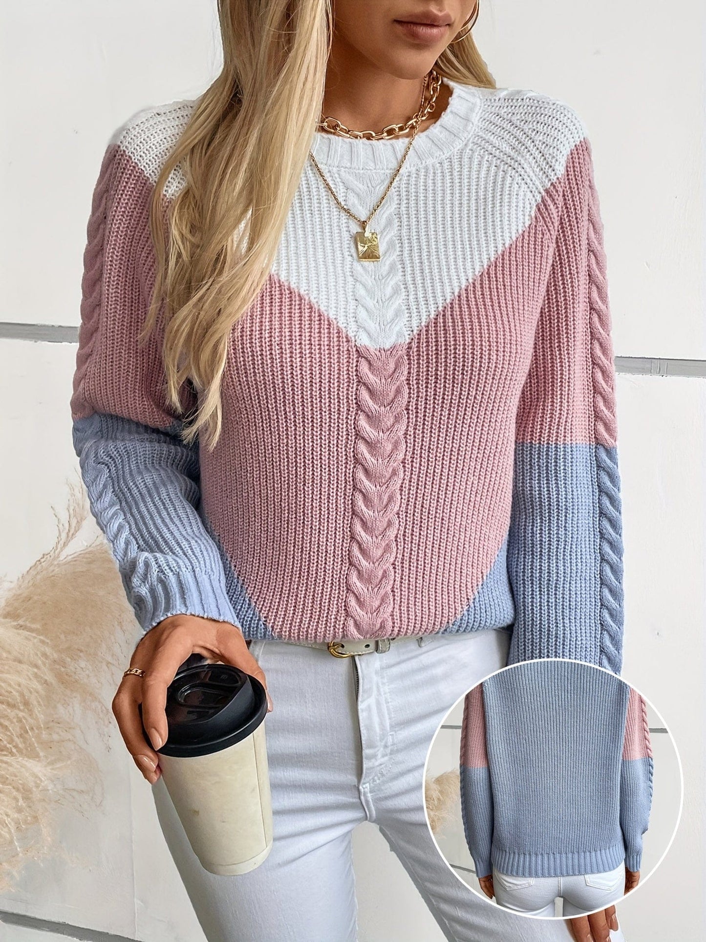 Stylub Women's Contrast Round-neck Sweater Top - Fashion Pullover