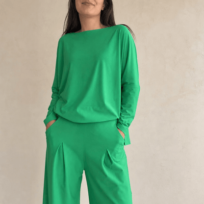 Stylub Women's Solid Color Casual Tappered Round Neck Long Sleeve Two Pieces