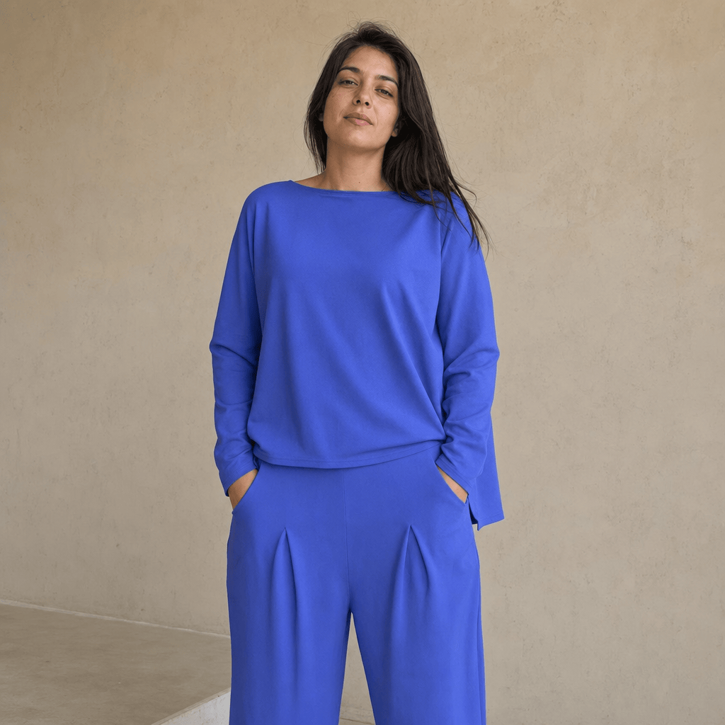 Stylub Women's Solid Color Casual Tappered Round Neck Long Sleeve Two Pieces