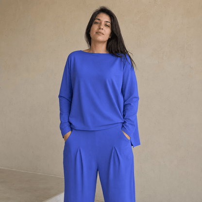Stylub Women's Solid Color Casual Tappered Round Neck Long Sleeve Two Pieces