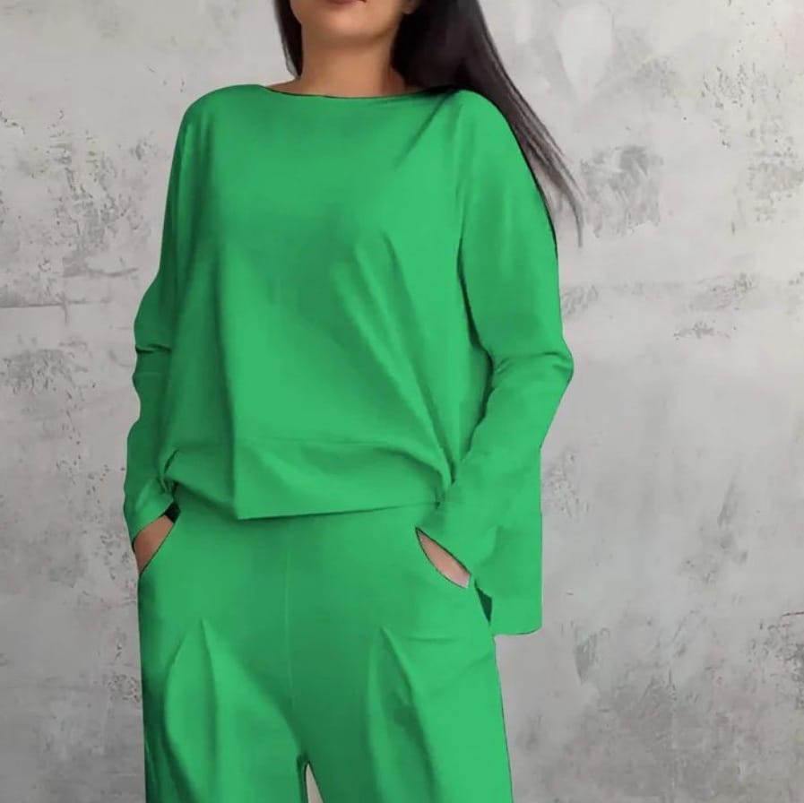 Stylub Women's Solid Color Casual Tappered Round Neck Long Sleeve Two Pieces