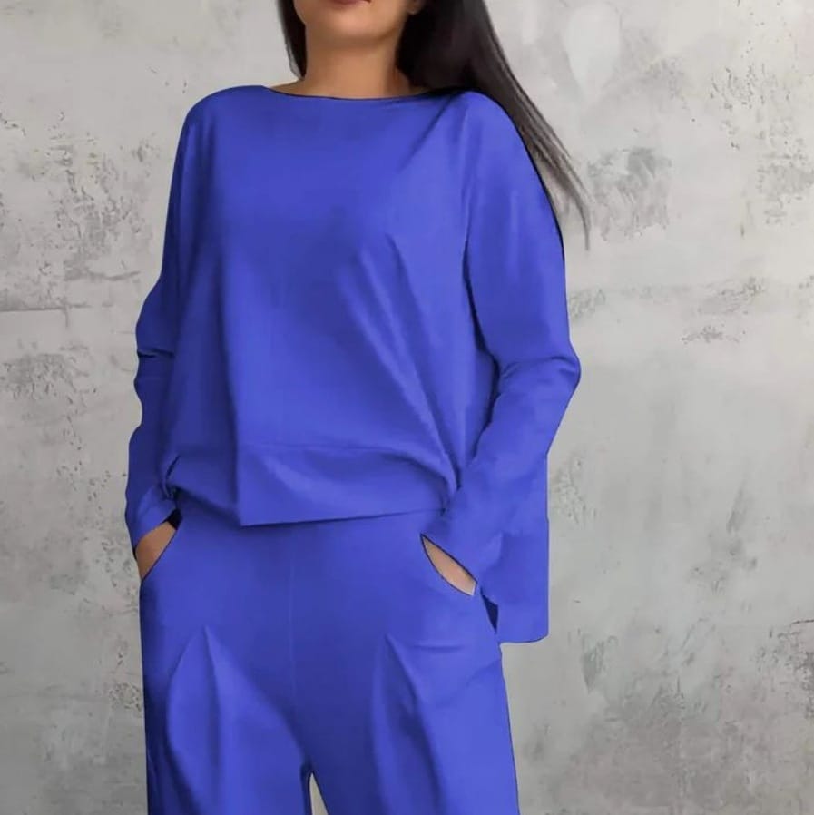 Stylub Women's Solid Color Casual Tappered Round Neck Long Sleeve Two Pieces