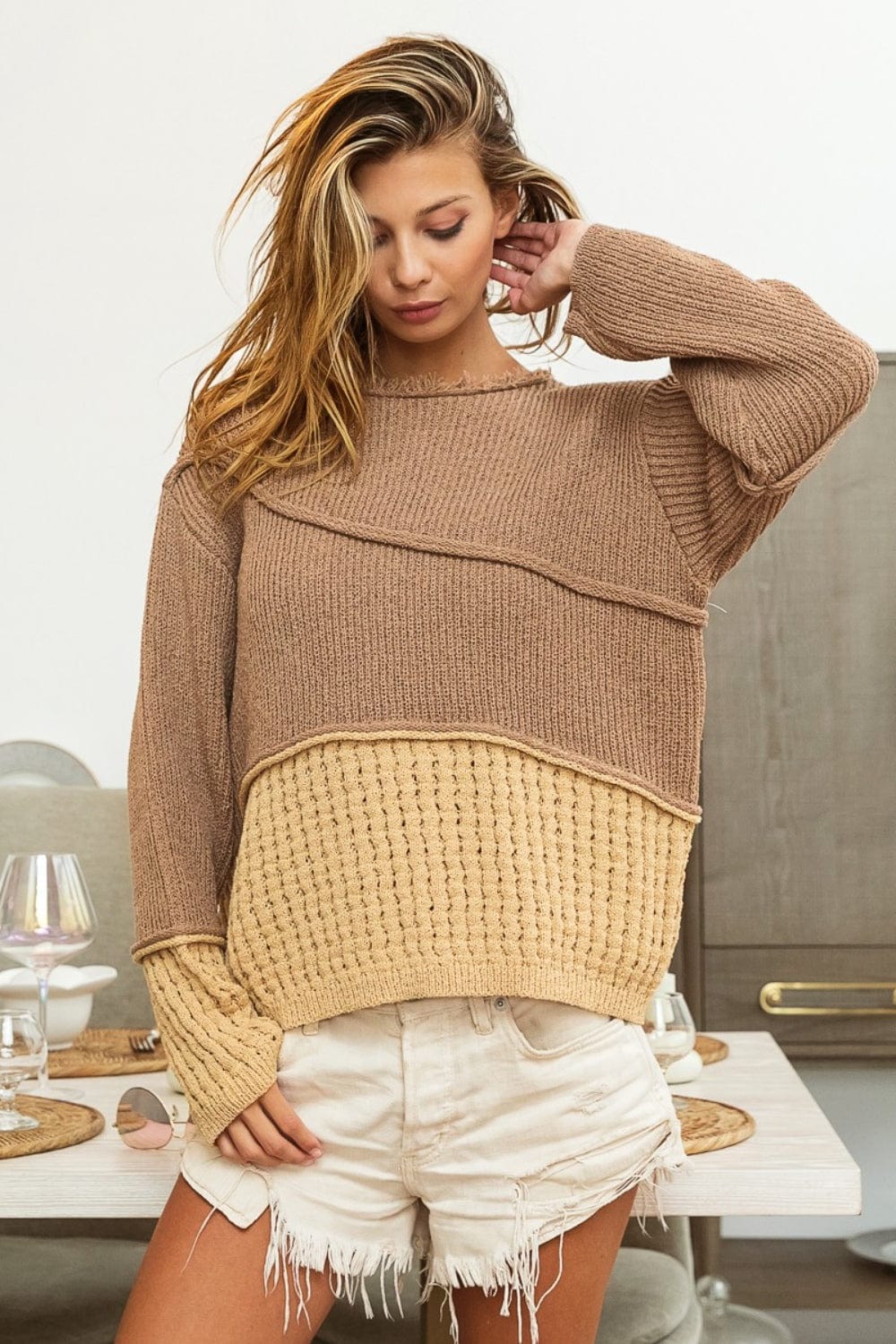 Trendsi BiBi Texture Detail Contrast Drop Shoulder Sweater