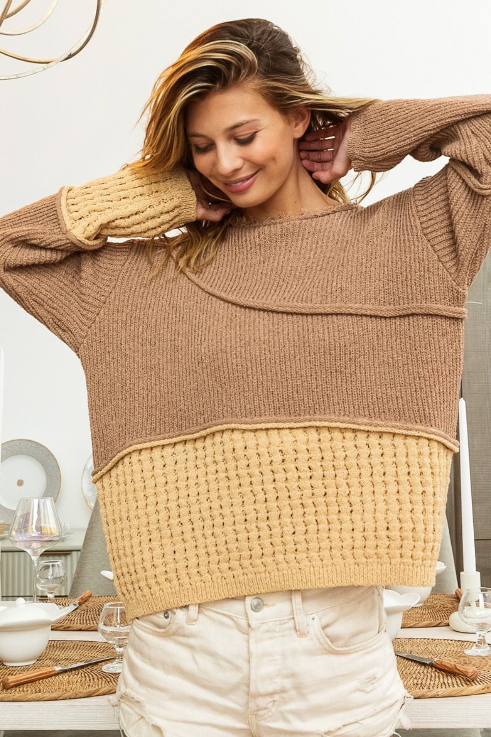 Trendsi BiBi Texture Detail Contrast Drop Shoulder Sweater