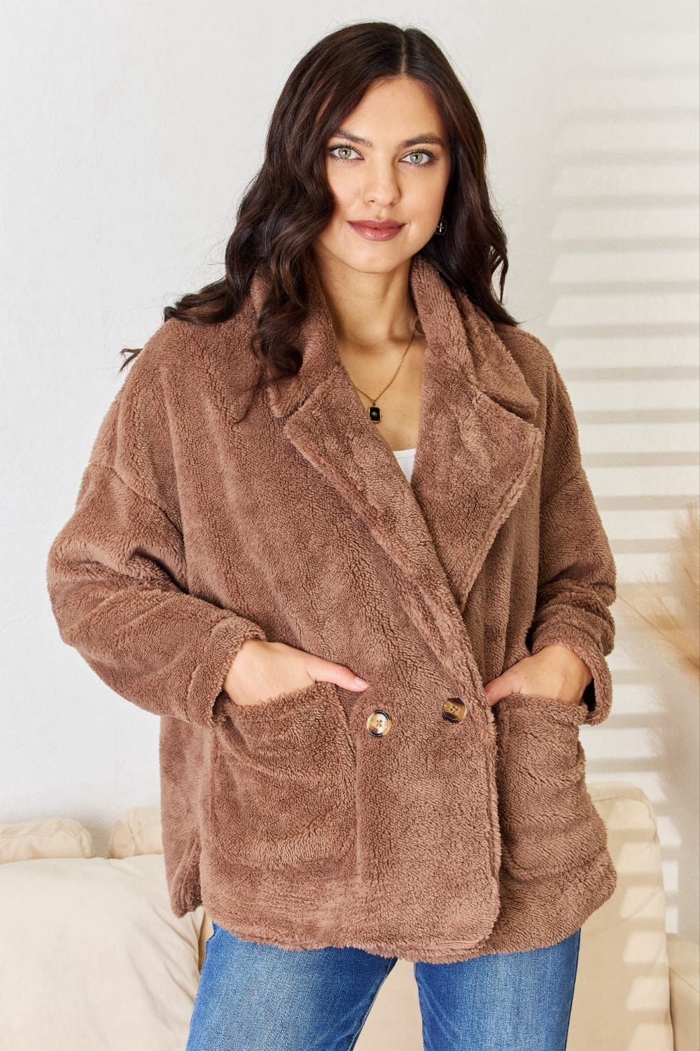 Trendsi Culture Code Double Breasted Fuzzy Coat