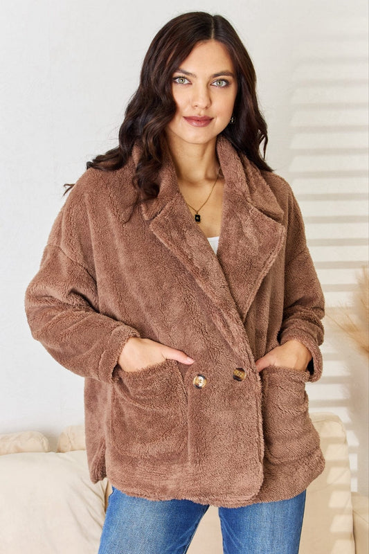 Trendsi Culture Code Double Breasted Fuzzy Coat