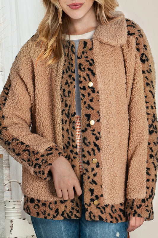 Trendsi Leopard Snap Down Collared Neck Jacket